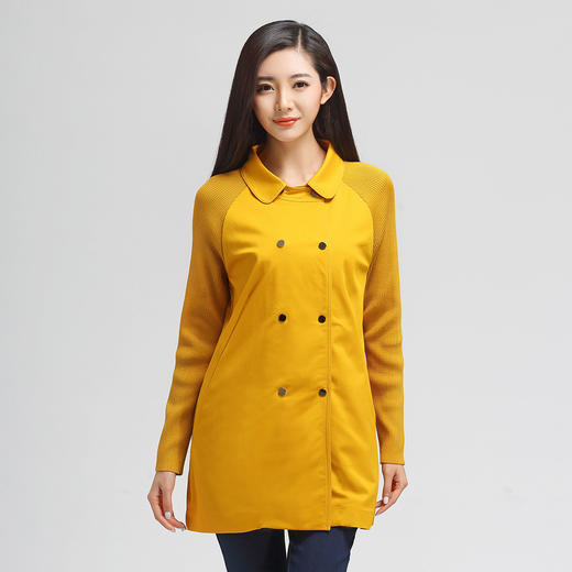 水淼春装新款大码女装胖mm娃娃领双排扣中长款风衣s15ch4668