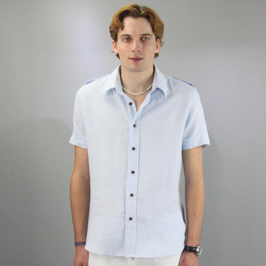 男士短袖衬衫100%亚麻休闲商务正装修身白衬衣 商品图2