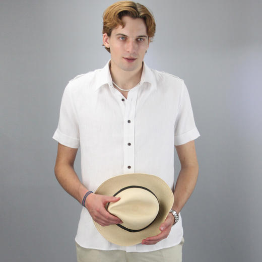 男士短袖衬衫100%亚麻休闲商务正装修身白衬衣 商品图0