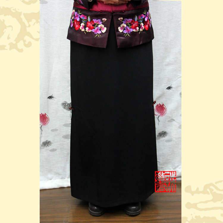 【特价清仓】传统文化唐装女黑色红边半身长裙厚款论坛义工修身 DHM004