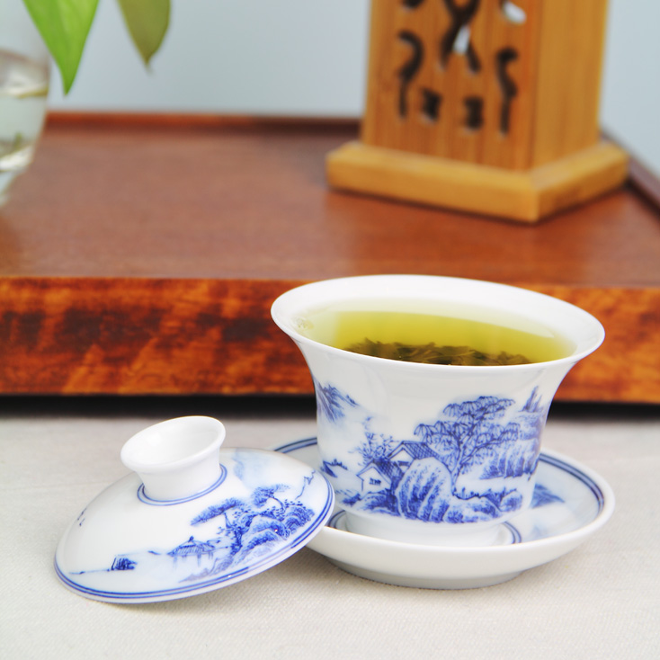 景德镇 陶瓷 国瓷红叶 釉下手绘茶具山水盖碗