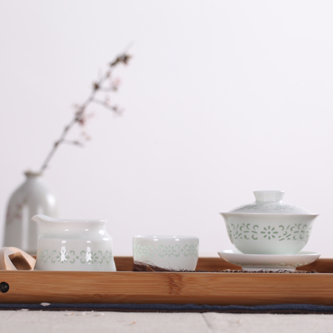 景德镇 陶瓷 国瓷红叶 10头玲珑菊花茶具