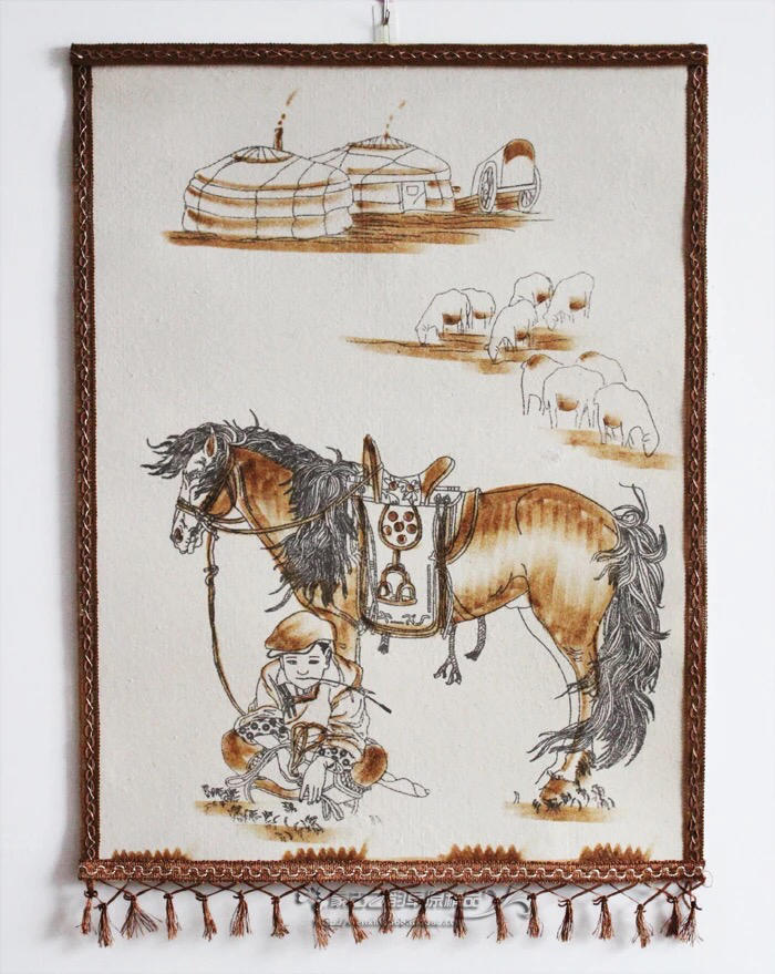 内蒙古毡画 蒙古族特色手工烫毡画羊毛毡画挂画牧马人毡画装饰品