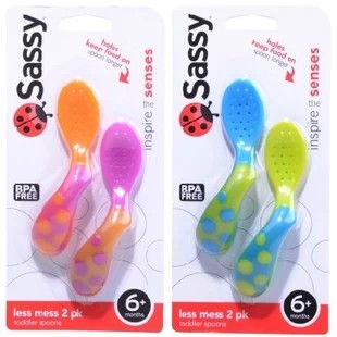 美国SASSY彩色防滑防溅婴幼儿易握弯柄小漏勺 吃饭学习勺 拆单