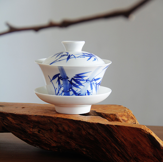 景德镇陶瓷 国瓷红叶 写意大盖碗竹子