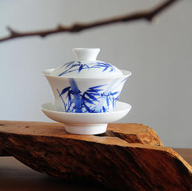 景德镇陶瓷 国瓷红叶 写意大盖碗竹子