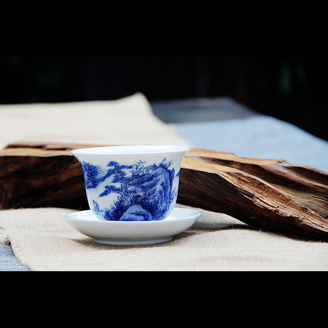 景德镇陶瓷 国瓷红叶 山水盖碗