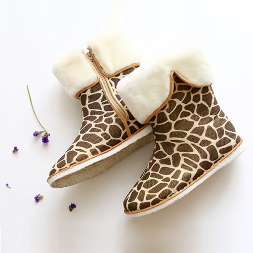 内联升女鞋手工单鞋千层底单靴豹纹毛口靴8719A