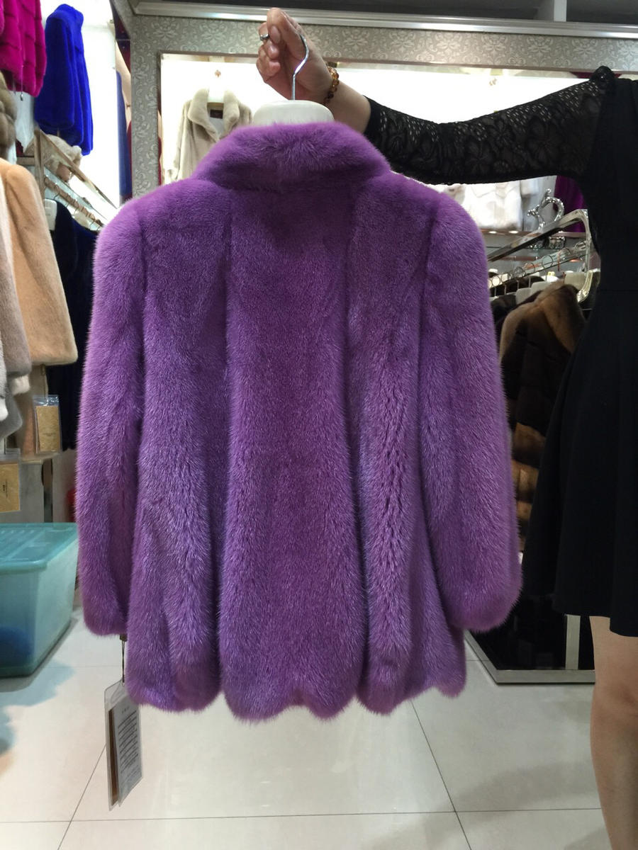 新款浅紫色立领水貂皮短