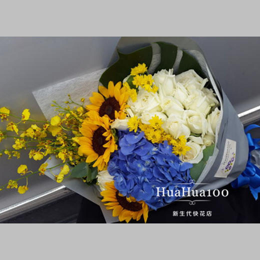 蓝白夏日 玫瑰绣球混合花束 Huahua100花店