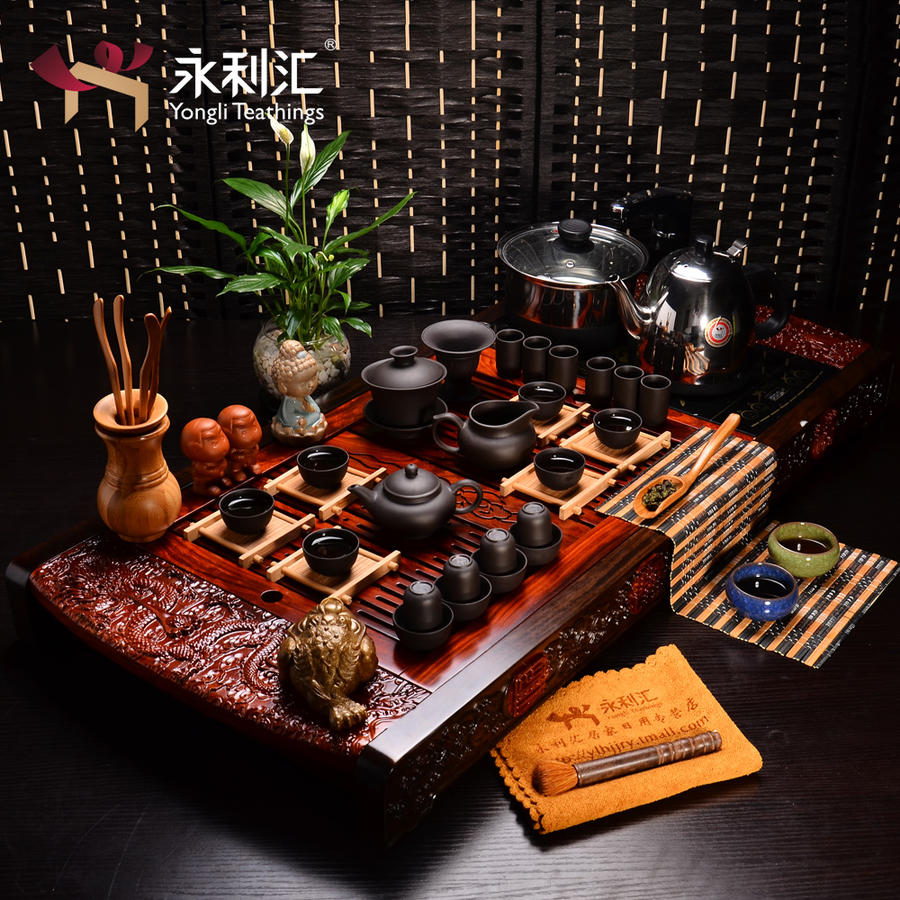 永利汇茶具茶盘套装配煮水电器 茶具 功夫茶具实木龙腾茶盘茶具