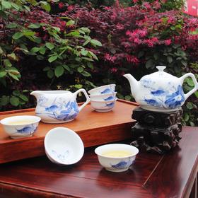 景德镇陶瓷 国瓷红叶 8头手绘青花茶具莲贵图