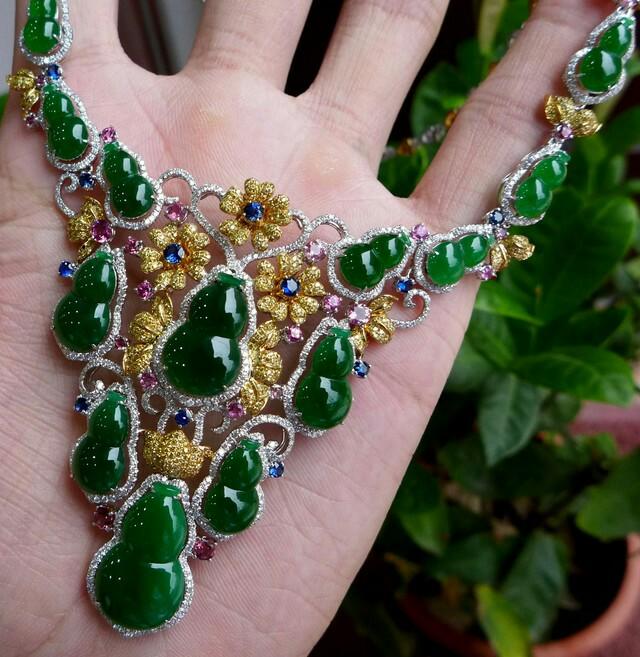 翡翠a货18k金伴钻豪华镶嵌葫芦项链