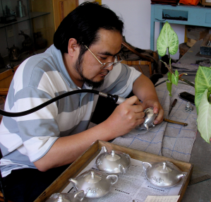 工藝大師賴慶國作品 梅蘭竹菊四君子斑錫茶葉罐