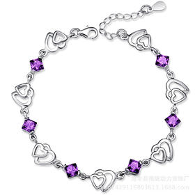 【手链】日韩简约百搭优雅925银双心镶紫水晶锆石手链送女友礼物饰品手链