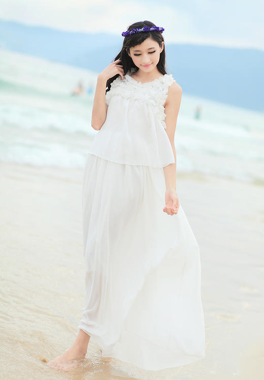 【连衣裙女】夏新款长裙拖地沙滩裙遮肚子无袖雪纺连衣裙长裙夏 商品图4