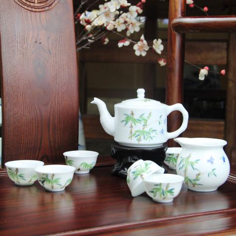 景德镇 陶瓷 国瓷红叶 8头釉下五彩手绘五彩玉竹茶具