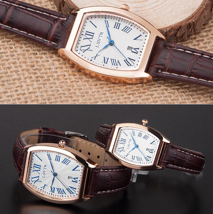 朗思威lsvtr韩国潮流时尚复古简约真皮带酒桶型日历女表情侣手表
