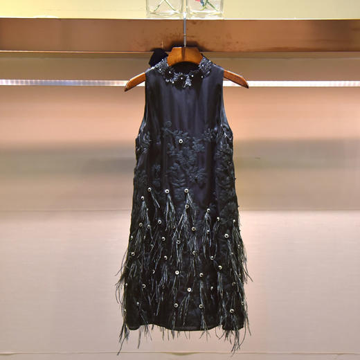 【优美】预售欧洲站2016春装新款无袖修身礼服羽毛流苏连衣裙