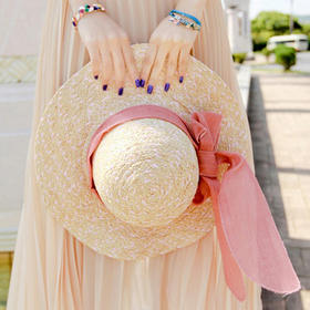 【服饰鞋包】B388韩版新款 春夏天女士沙滩防晒波浪大沿蝴蝶结拉菲草帽太阳帽