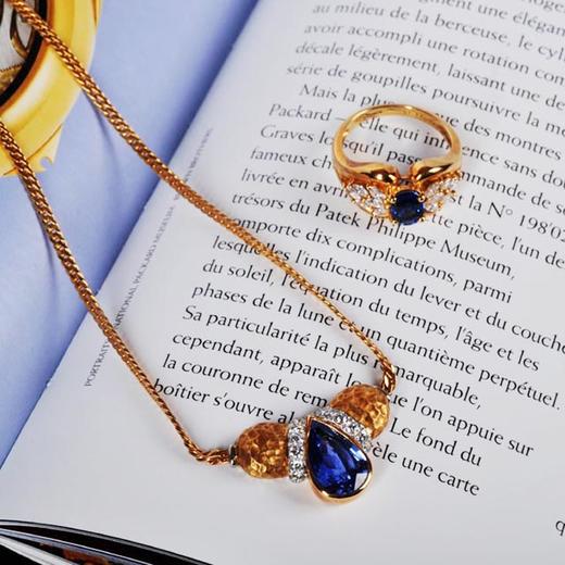 18K黄金镶钻天然蓝宝石项链及戒指套装 商品图0