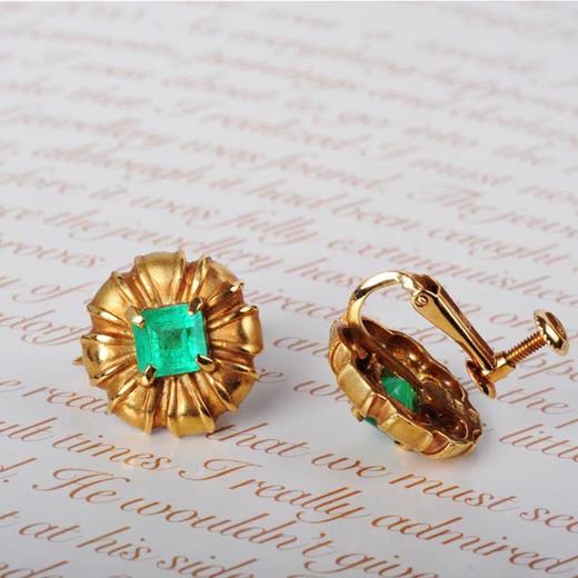 18K黄金天然祖母绿古董耳钉 商品图0