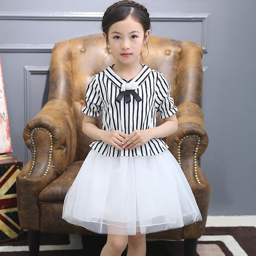 【女童裙子】春款童裙 中大童韩版女童翻领短袖条纹修身连衣裙 潮 商品图3