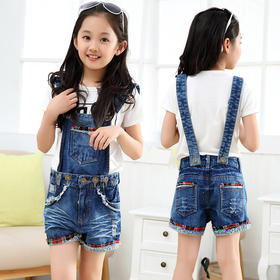 【裤子】新款女童无弹力牛仔背带短裤中大童短裤儿童牛仔吊带裤童热裤