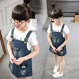 【女童裙子】女童牛仔背带裙T恤两件套 短袖纯棉打底衫