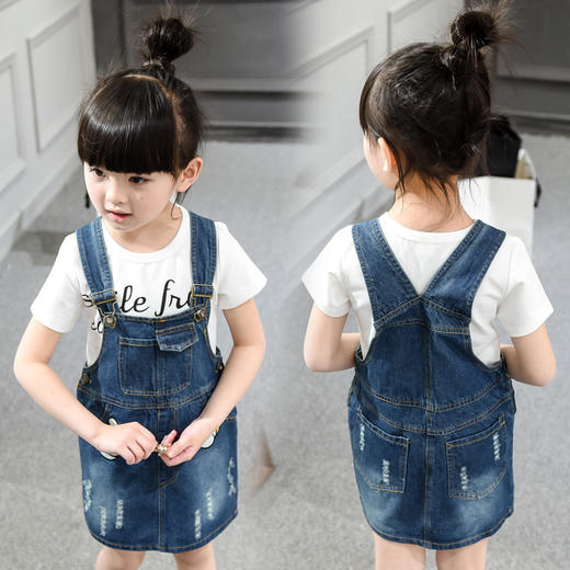 【女童裙子】女童牛仔背带裙T恤两件套 短袖纯棉打底衫 商品图1