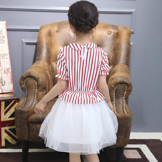 【女童裙子】春款童裙 中大童韩版女童翻领短袖条纹修身连衣裙 潮 商品图4