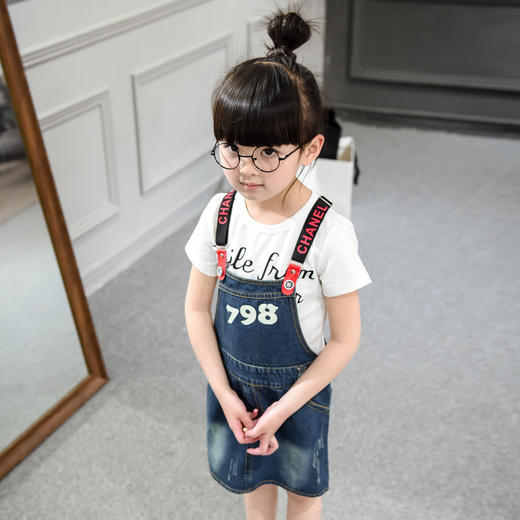 【女童裙子】女童牛仔背带裙T恤两件套 短袖纯棉打底衫 商品图3