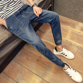 【牛仔裤】春夏季九分牛仔裤男士哈伦小脚裤青少年弹力修身韩版潮破洞9分裤