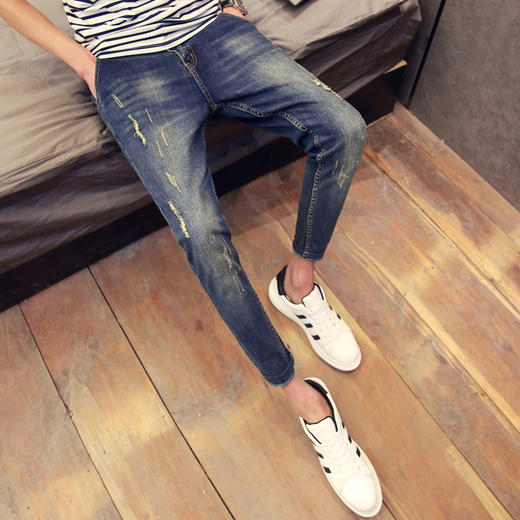 【牛仔裤】春夏季九分牛仔裤男士哈伦小脚裤青少年弹力修身韩版潮破洞9分裤 商品图4