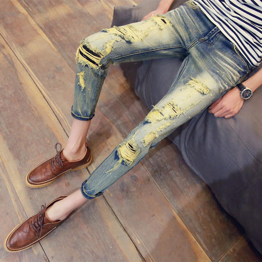 【牛仔裤】春夏季九分牛仔裤男士哈伦小脚裤青少年弹力修身韩版潮破洞9分裤 商品图6