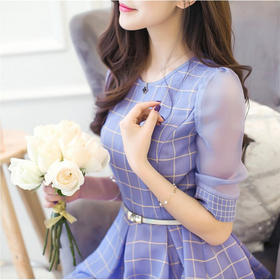 【服饰鞋包】夏装新款女装雪纺连衣裙韩版淑女中袖格子打底裙夏