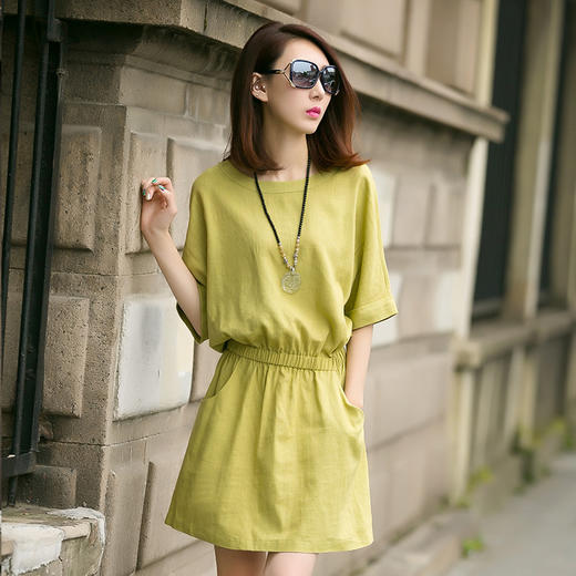 【服饰鞋包】新款女装韩版收腰修身纯色中袖棉麻连衣裙A字裙 商品图3