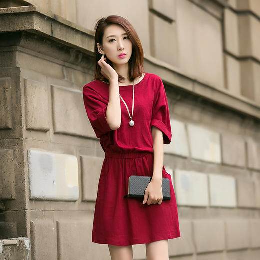 【服饰鞋包】新款女装韩版收腰修身纯色中袖棉麻连衣裙A字裙 商品图2