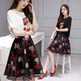 【服饰鞋包】夏两件套雪纺连衣裙夏中长款蝙蝠袖套装印花中裙