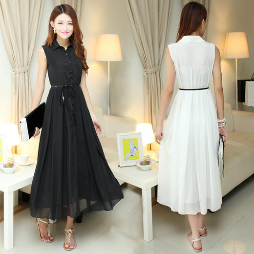 【服饰鞋包】夏装新款无袖衬衫领雪纺连衣裙修身拖地女神气质长裙 商品图1