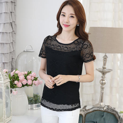 【女士衬衫】夏季新款韩版修身打底衫圆领短袖镂空蕾丝雪纺衫上衣 商品图0