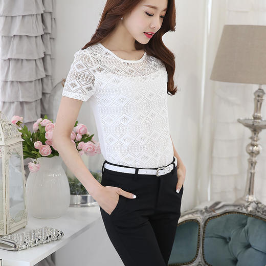 【女士衬衫】夏季新款韩版修身打底衫圆领短袖镂空蕾丝雪纺衫上衣 商品图2