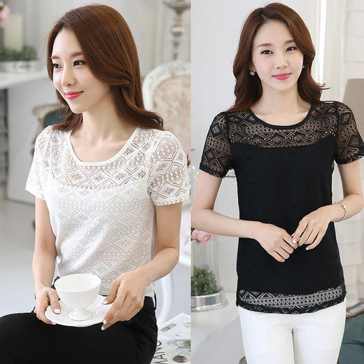 【女士衬衫】夏季新款韩版修身打底衫圆领短袖镂空蕾丝雪纺衫上衣 商品图1