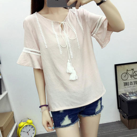 【服饰鞋包】夏季韩版棉麻短袖修身民族风绑带简约上衣搭气质个性上衣 商品图3