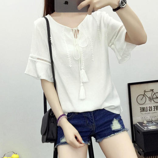 【服饰鞋包】夏季韩版棉麻短袖修身民族风绑带简约上衣搭气质个性上衣 商品图0
