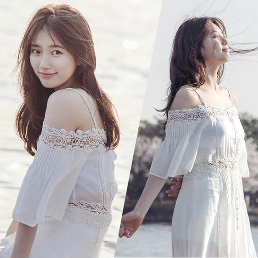 连衣裙裴秀智明星同款白色一字肩吊带连衣裙蕾丝雪纺裙子夏季新款