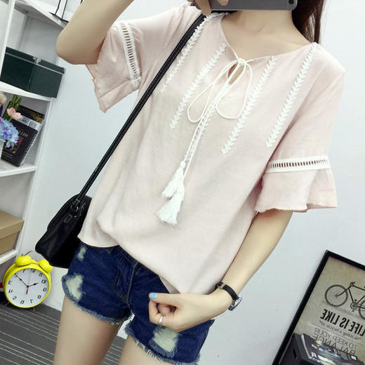 【服饰鞋包】夏季韩版棉麻短袖修身民族风绑带简约上衣搭气质个性上衣 商品图2