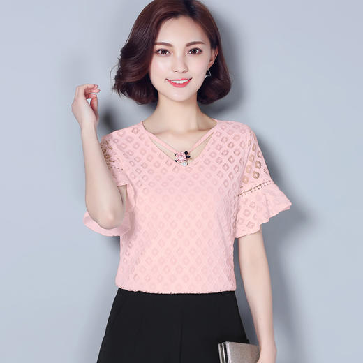 女士上衣夏季新款韩版女装修身显瘦镂空圆领短袖蕾丝拼接小衫