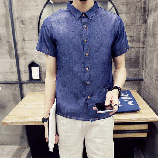 。【服饰鞋包】夏季新款男式衬衫韩版修身时尚潮男短袖纯棉拼接条纹衬衫 商品图3