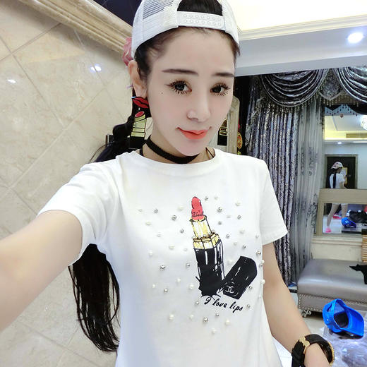【女士T恤】夏季新款韩版纯棉短袖时尚印花钉珠修身显瘦白色t恤女 商品图1